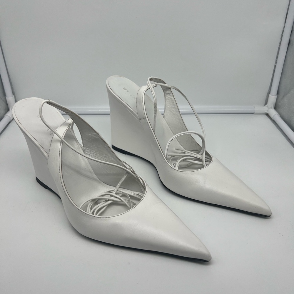 BY FAR Vaughn White Nappa Leather Wedge Gladiator Lace Up Pointed Heels sz 40 - Picture 7 of 13